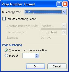 Number format: Chọn d ng số thứ tự Include Chapter Number: Số trang sẽ được kèm với số chương Continue From Previous Section: Số trang nối tiếp với section trước đ Start at : Số trang được bắt đ u từ