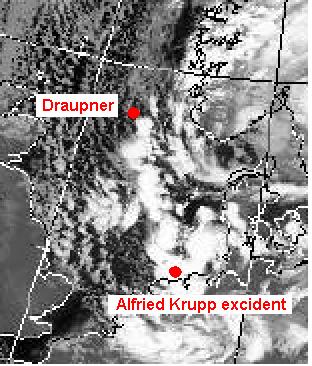 Alfried Krupp 1995, 1 Januar, Draupner The instruments at the oil platform Draupner located at N58,11 E2,28 about 160 kilometres offshore Norway in the North Sea measured the first rogue wave,