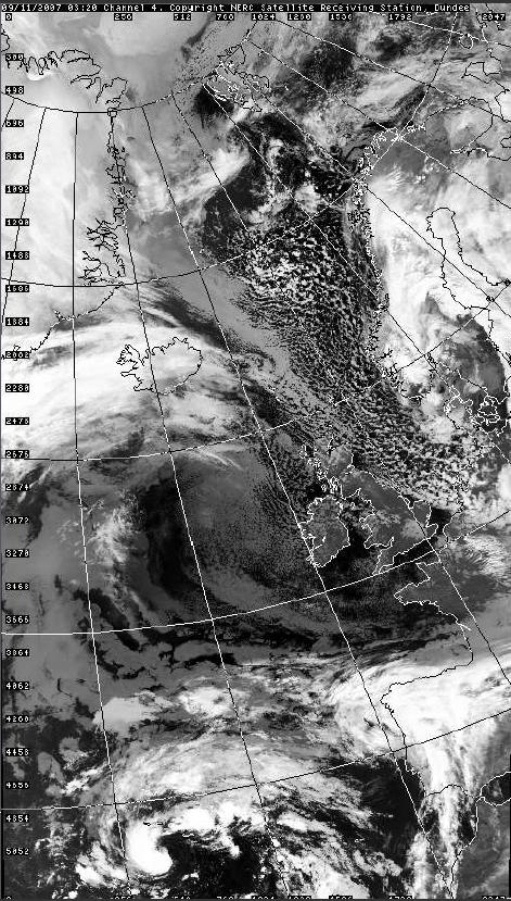 Fig.3: NOAA AVHRR thermal infrared image on 9.11.2007, 03.20 UTC 3. GUSTINESS AND SATELLITE DATA All storms discussed above indicate a common feature.