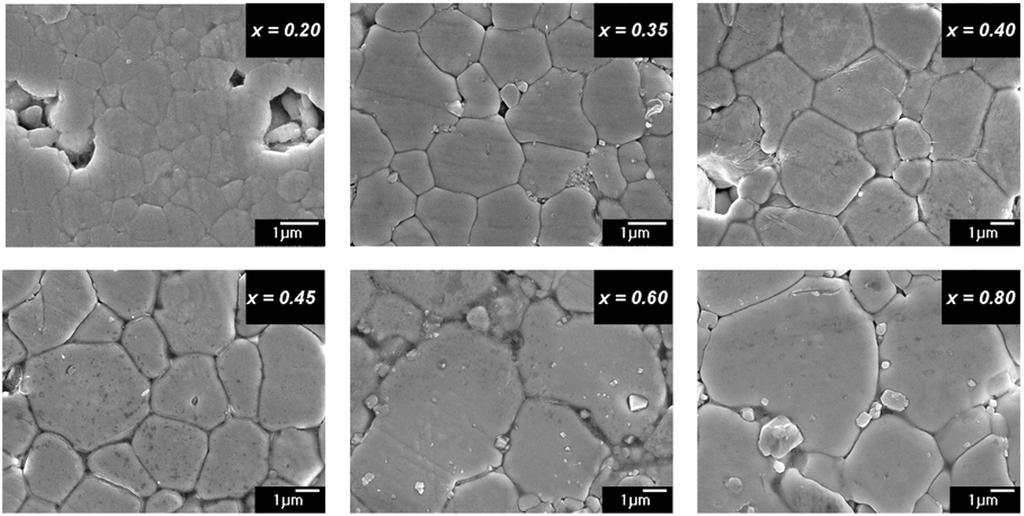 Rachakom et al. Nanoscale Research Letters 2012, 7:57 Page 4 of 5 Figure 3 SEM image of Bi0.5Na0.5Ti1-xZrxO3 ceramics. Where x = 0.20, 0.35, 0.40, 0.45, 0.60, and 0.80 mole fraction. [2].