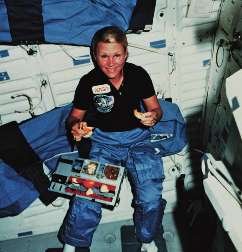 Astronauts eat special food and drink from special cups.