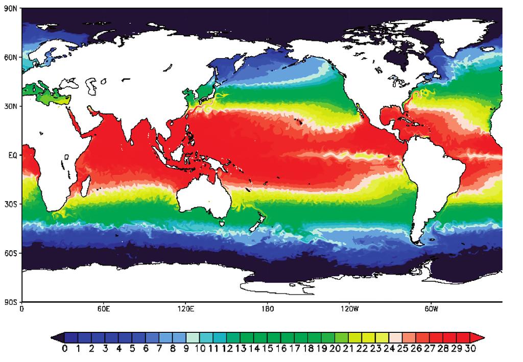 Annual Report of the Earth Simulator Center April 2006 - March 2007 Fig. 5 Sea surface temperature [ C] of the 15km-mesh cubic grid OGCM. Fig. 6 Sea surface velocity [m/s] around the Agulhas Current.