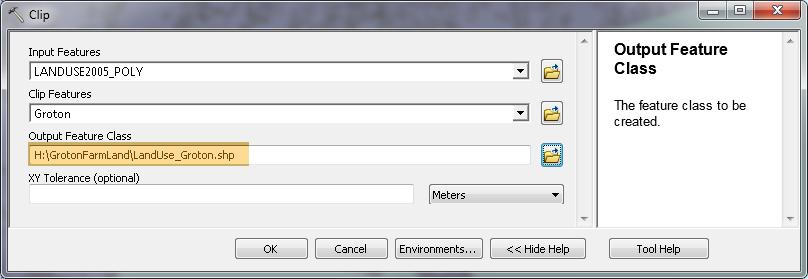 5. Clear your selection. Turn back on the Land Use layer. 6. Use the Clip tool to clip the LandUse2005 layer to Groton. In the top menu bar, select Geoprocessing Clip and enter in the info.