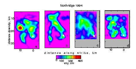 Figure 3. Fault slip maps for the 1994 Northridge earthquake are compared. (a) The slip map obtained in this study by inverting regional distance broadband data.