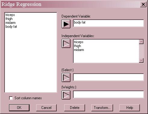 Data Input The data input dialog box requests the names of the columns containing the dependent variable Y and the independent variables X: Y: numeric column containing the n observations for the