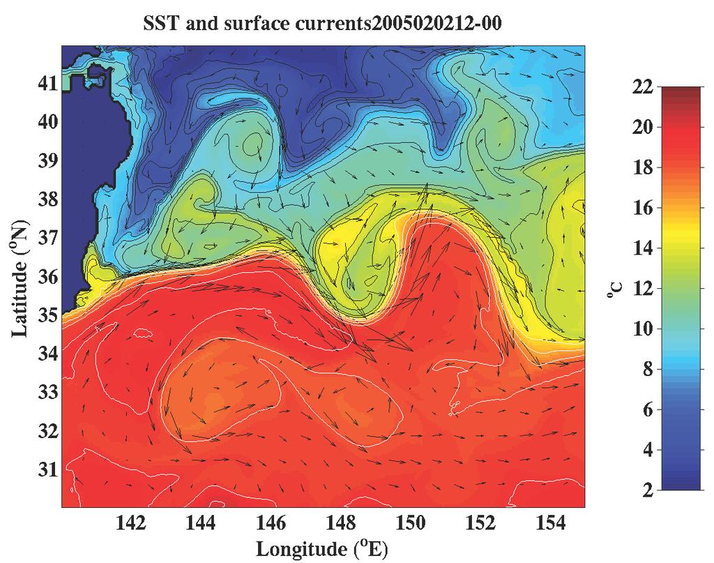 It is clearly seen that the high heat fluxes are confined to the warm subtropical waters south of the Kuroshio front. Also note that a cyclonic cold core eddy is at the KEO buoy location (Fig.
