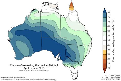 The Bureau predicts that much of mainland Australia will record wetter and warmer than normal seasonal conditions between April and June 2015 (figures 5 and 6).