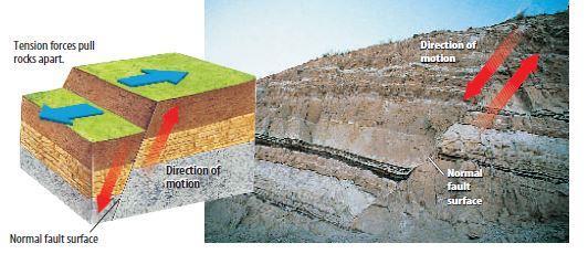Figure 5 Rock above the normal fault surface moves downward in relation to rock below the fault surface.