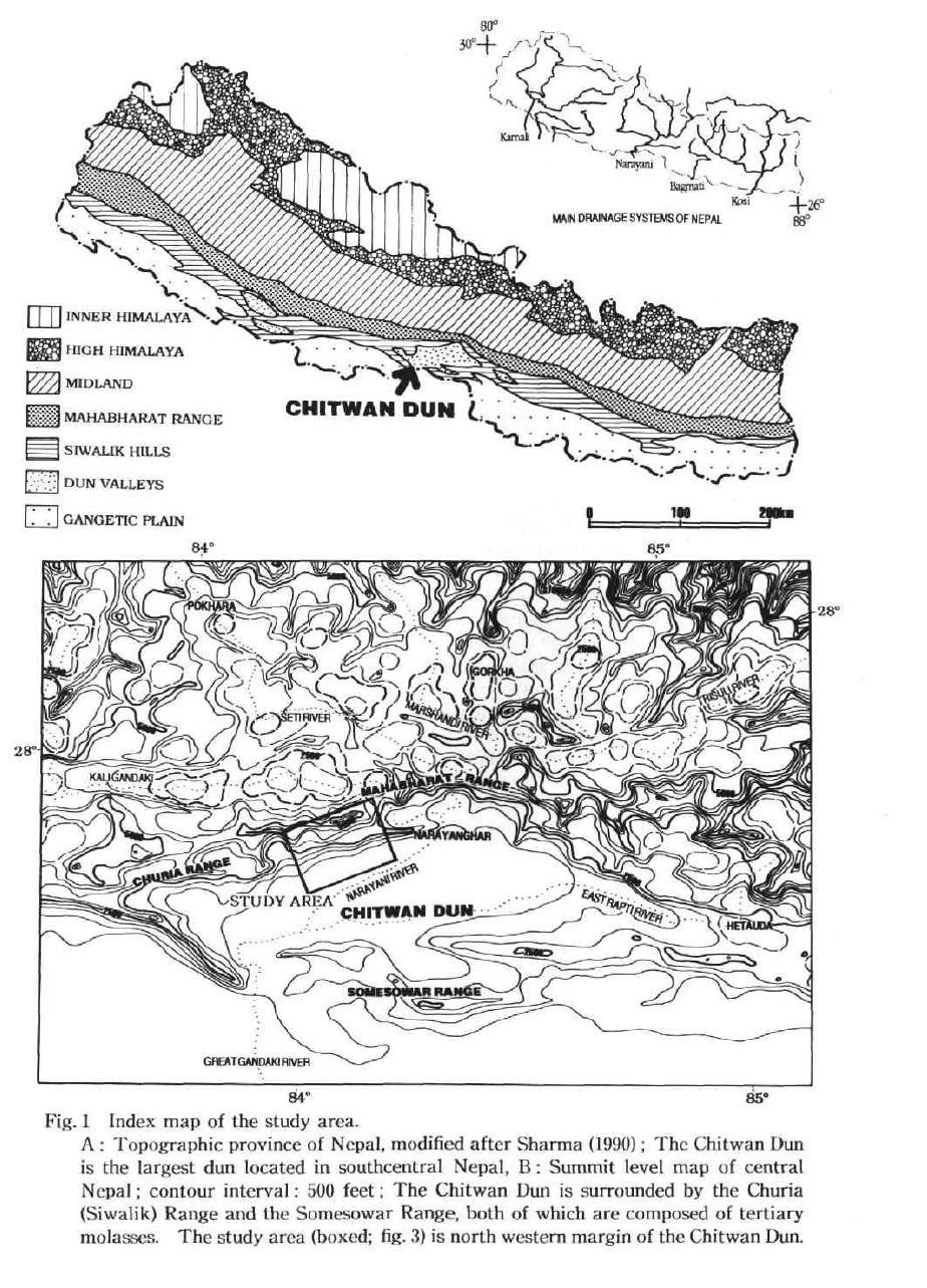 Chapter 2: Study Area 2.5 The Chitwan Dun Figure 2.5 Map of the Chitwan Dun and Gandak River study reach for this research (upper and lower limits defined by red stars).