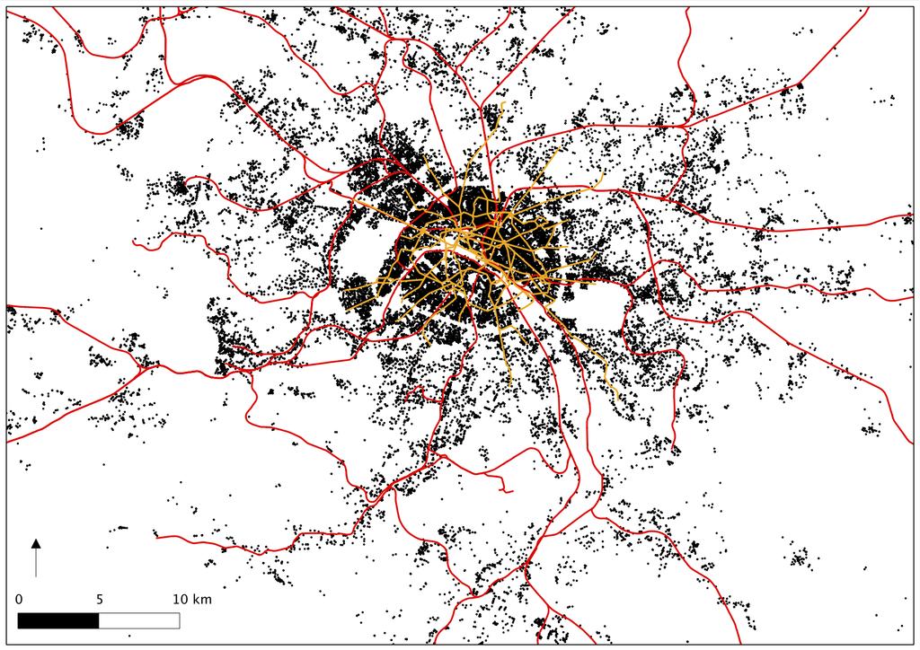 Figure1: Rapid transit network and housing locations in the Ile- de- France region (map drawn with QGis, data from the BIEN database) We wanted our system to be able to run on Windows, GNU/Linux and