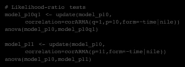 Model checking To check the specification of the correlation structure, you can formally test the inclusion of further autoregressive parameters # Likelihood-ratio tests model_p10q1 <-