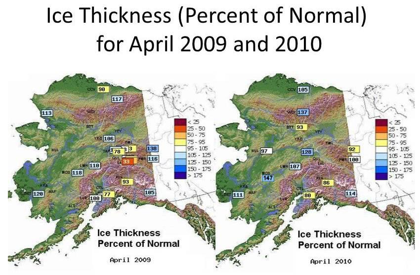 Feature Article: Spring Breakup and Ice Jam Flooding in Alaska 2 Figure 2. A distinct contrast of the antecedent conditions with having more locations with ice thinner than normal.