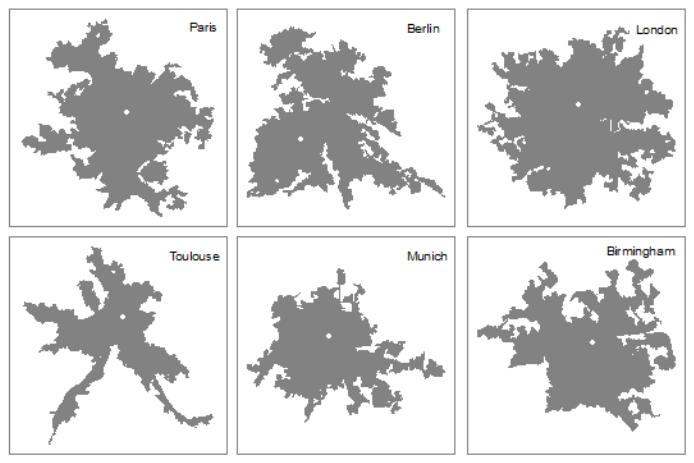 Figure 4: The six natural cities from the three European countries: France, Germany, and the UK (Note: The white spot in the middle indicates the topological center) We collected the tweet location