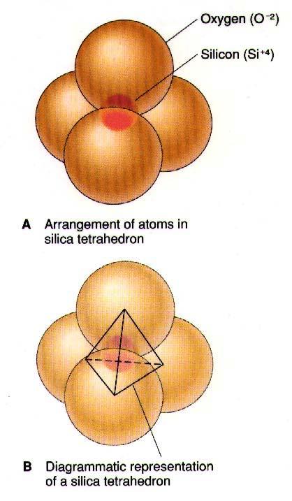 ions are much larger than ions, so the silicon fits in the space between four clustered oxygens.