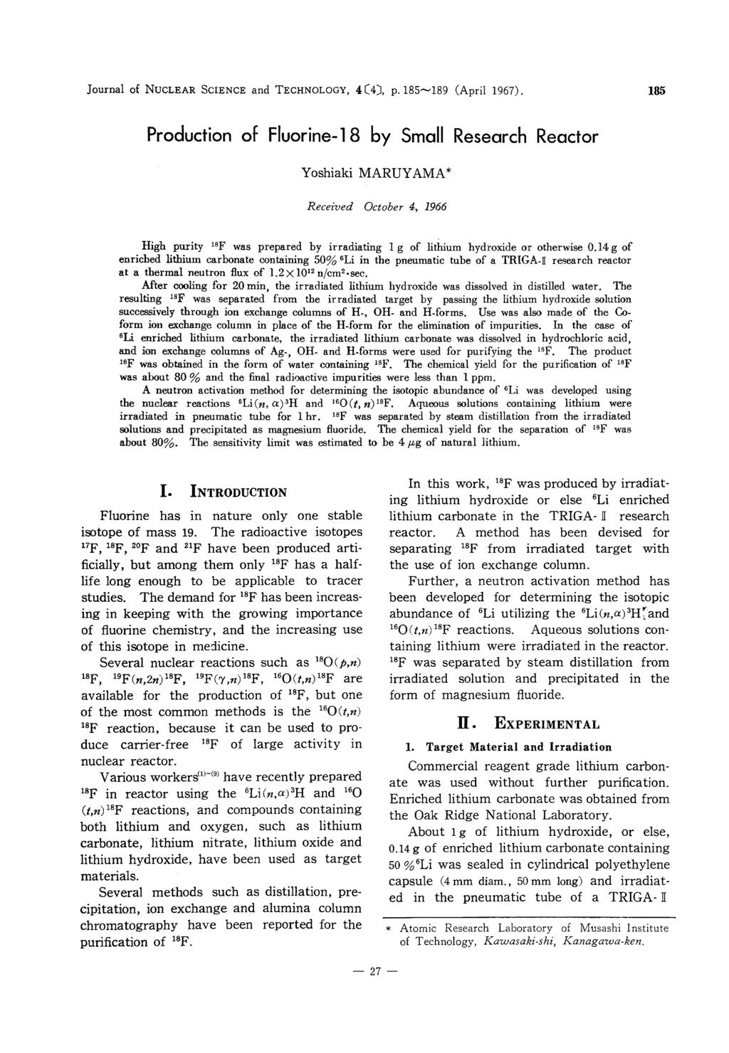 Journal of NUCLEAR SCIENCE and TECHNOLOGY, 4[4], p.185~189 (April 1967).