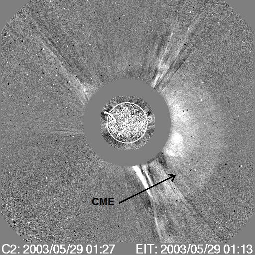 Figure 5.3: A frame of a JavaScript movie of the LASCO C2 c2rdif_gxray image (top left) of 29-May-2003 event. It clearly shows a Halo CME prominent in the South-West quadrant.