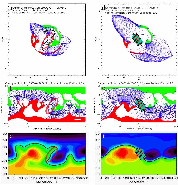 Does HCS affect ICMEs? Coronal field maps for CR2006 with CCMC/PFSS (top and middle) and MAS models (bottom). Panels a, b and c show maps for source surface radius of 1.6 R, d and e show maps at 2.