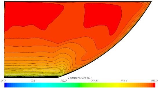 By looking at the results, it is interesting to notice that from qualitative view point, all four models are able to predict three regions of convection, i.e. the upper well mixed region, the downward accelerated flow along the wall and the stratified zone at the bottom of the pool.