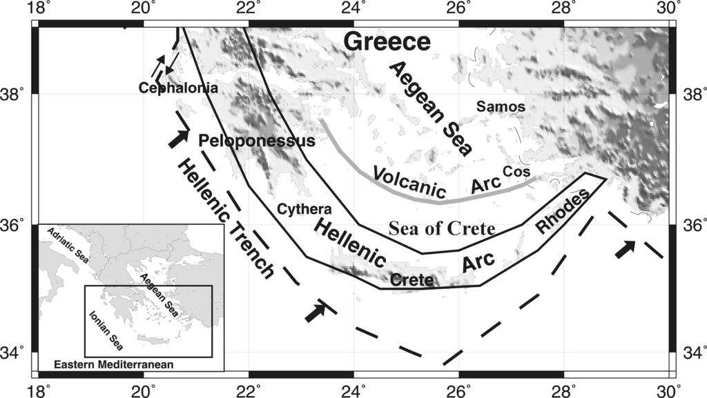 Accelerating Seismic Crustal Deformation in the Southern Aegean Area 571 Figure 1. Main geotectonic features of the southern Aegean area.