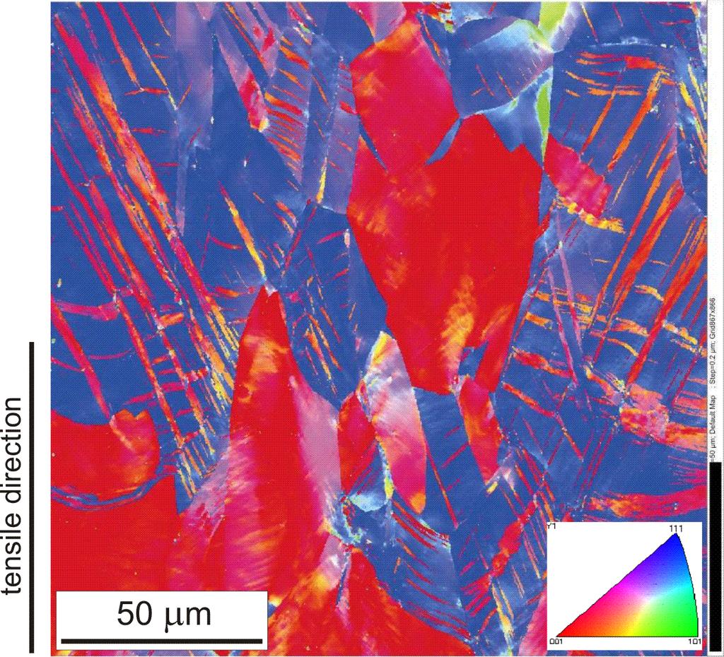 Figure 10. EBSD image for advanced localization of plastic strain (just before fracture). words, the conditions for the crystallographic shear banding are created [17].