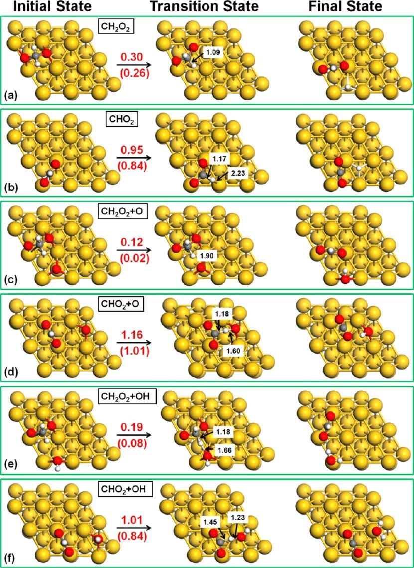 methanol on Au (111) surface with low atomic oxygen coverage may proceed starting from β-h elimination.