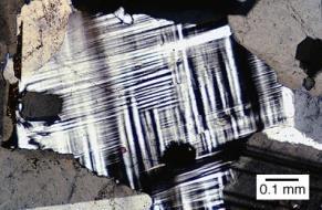 Microcline feldspar displays a unique wavy-lined "tartan" twinning pattern that cannot be confused with anything else. (Image from Riedel and Tway's, LithoWise.