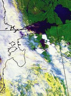 FIG. 3. NOAA satellite image (VIS-IR composite) on 5 July 2002 at 1056 UTC. FIG. 5. ECMWF 700 hpa isotachs (m/s) at a) 12 and b) 18 UTC. FIG. 4.