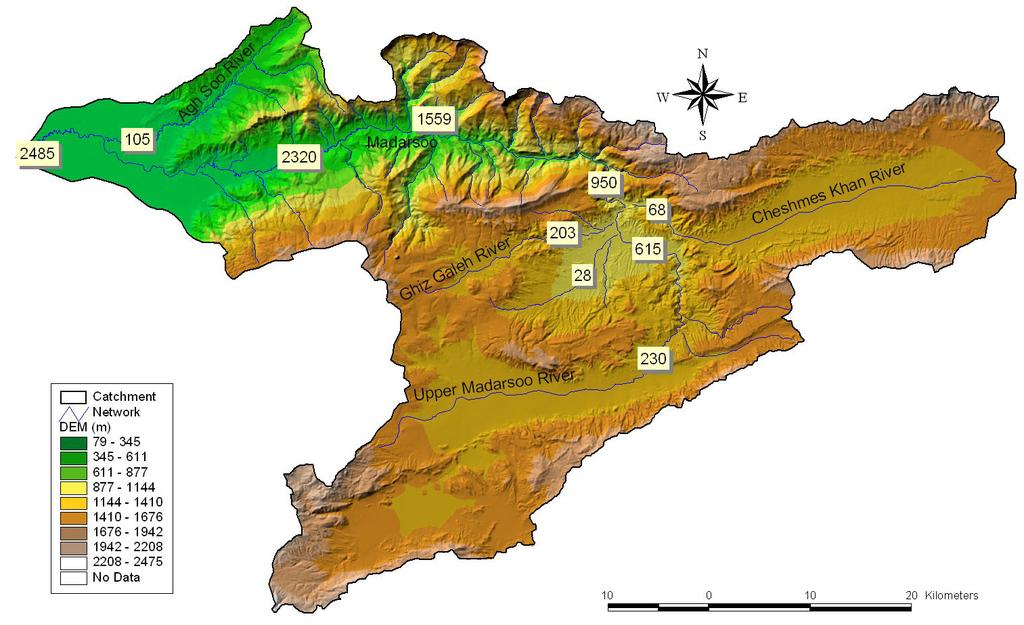 Monitoring, Simulation, Prevention and Remediation of Dense and Debris Flows Figure 3: 73 Simulated peak flood values (m3/s) during 2001. Fig. 3 shows the peak values throughout the river network.