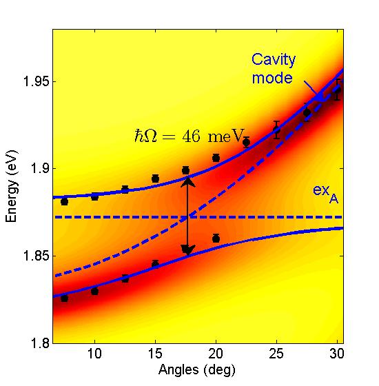 Figure S2. Simulated angle-resolved reflectivity spectrum and energy dispersion of the microcavity. Calculated reflectivity contour map for the MC, colour gradient represents the reflectivity.