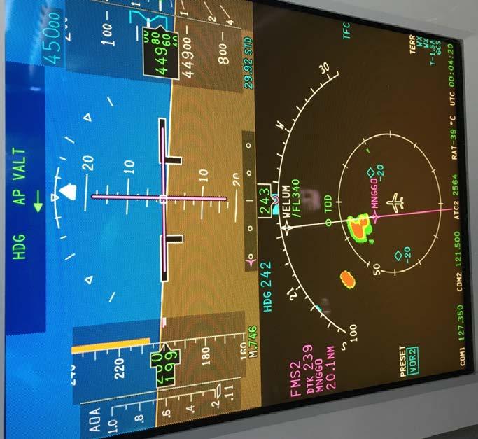 Rockwell Collins RTA-4112 Multi-Scan & Auto-Tilt Weather Radar in action while deviating around convective weather at FL450.
