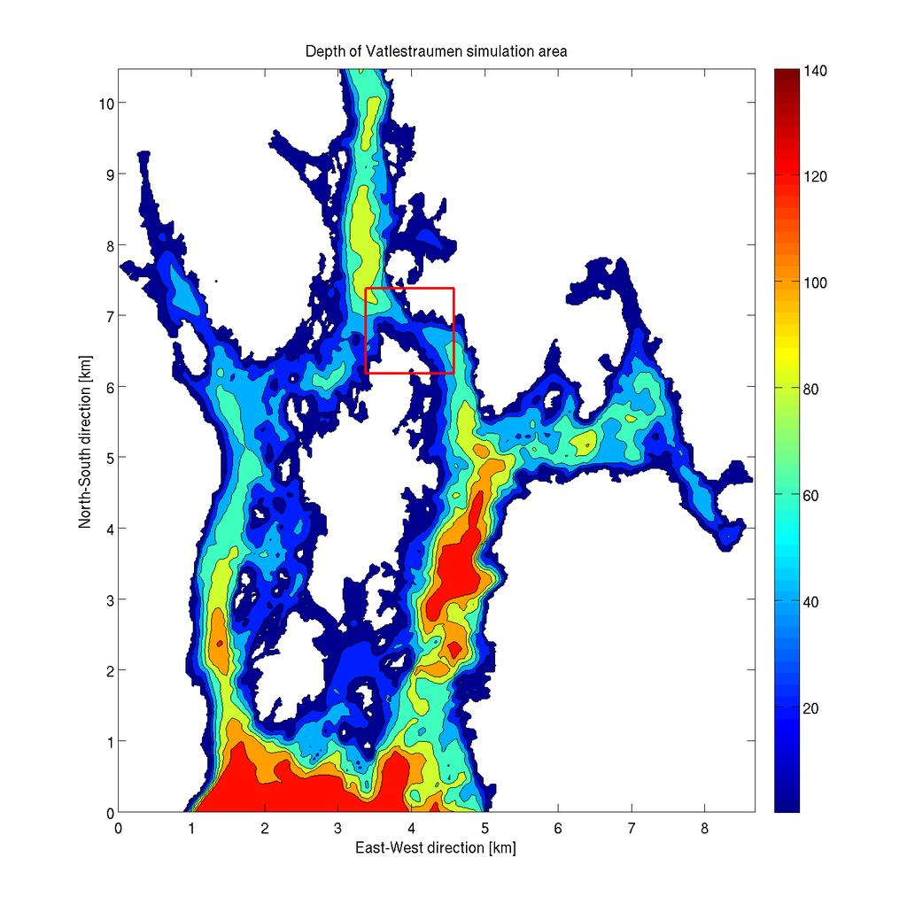 Model area - Vatlestraumen Topography of model area Detailed view of topography in Vatlestraumen Low resolution