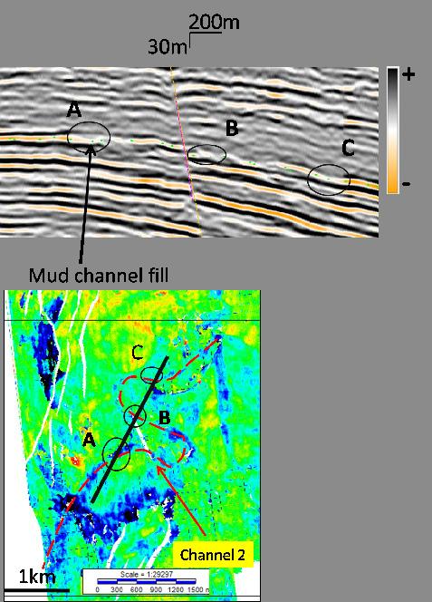 Figure 7. Overlay of channels geometry on isochronal map from H40-Early Miocene Figure 5.