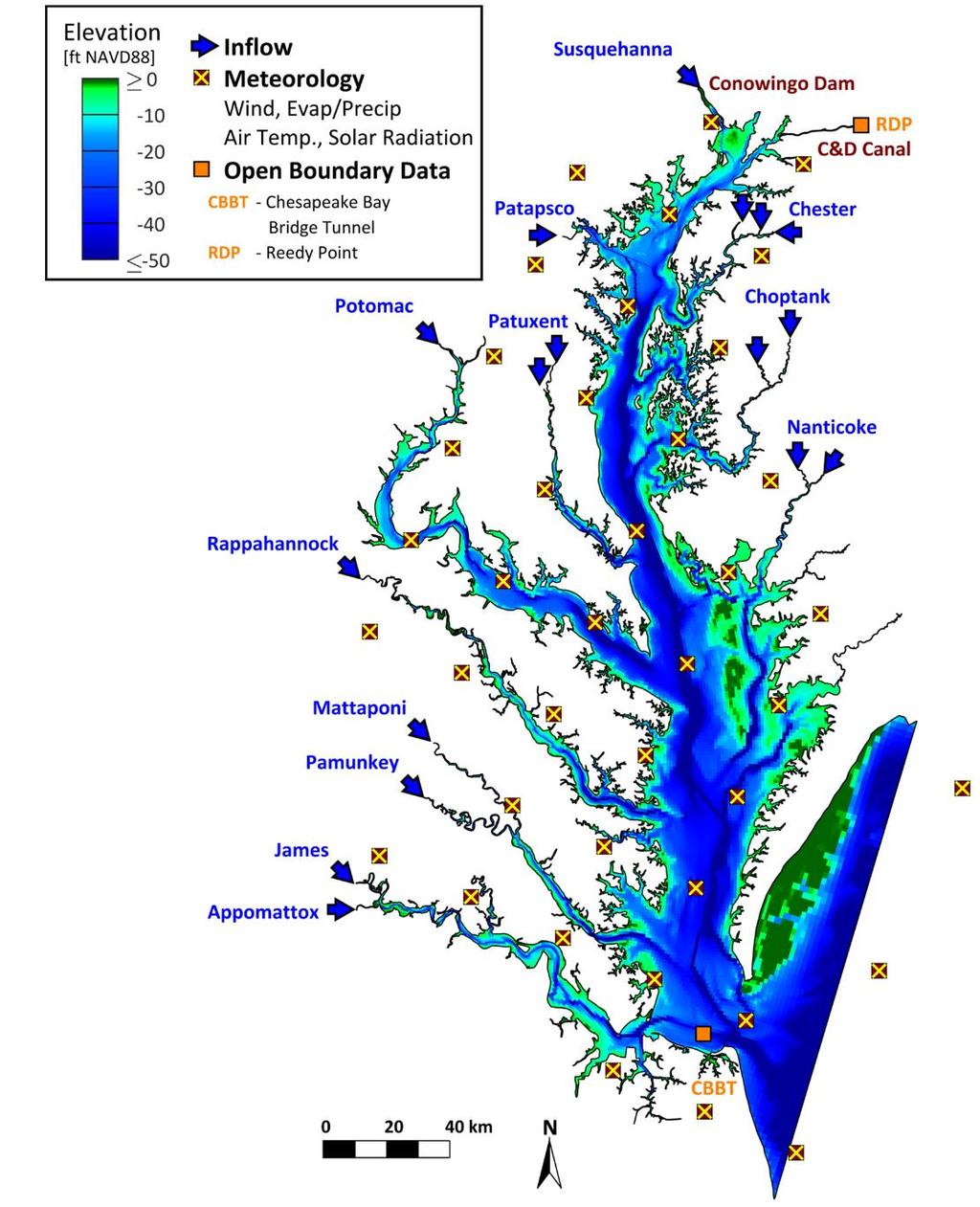 Numerical Model Bathymetry FEMA Region III DEM USACE navigation channel surveys Open Boundaries NOAA water levels World Ocean Atlas 2013 Atlantic Ocean