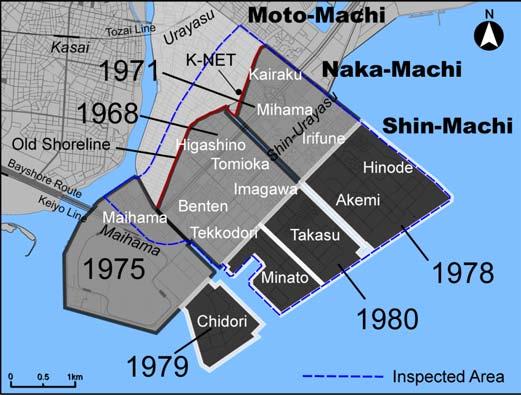 Figure 2.1. Map showing Urayasu city with reclamation year (Tokimatsu et al., 2012) coastline to the south, and 3 to 7 meters in land reclaimed in or after 1979.
