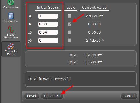 In this case, you need to enter the values in the [Initial Guess] boxes to modify the function. 1) Click [Lock] check box next to the radius aa = 0.03 m to lock this entry.