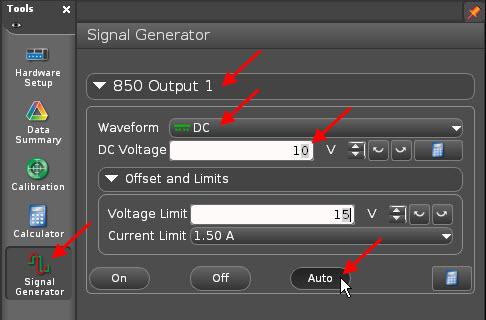 2 Configure a current output. Click [Signal Generator] in the [Tools] palette and select [850 Output 1].