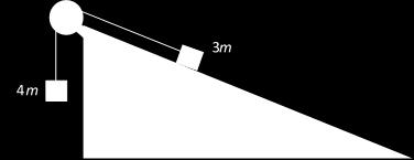 57. Two blocks with masses 3m and 4m are connected by a massless, ideal string as shown below. The pulley is massless and rotates without friction about its axle. The incline is frictionless.