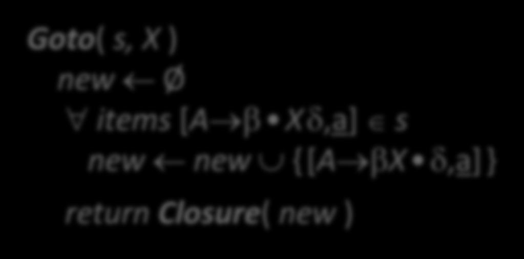 b Xd,a] Î s new new È {[A bx d,a]} return Closure( new ) Goto( ) models a transition in the automaton Straightforward computation Goto() is