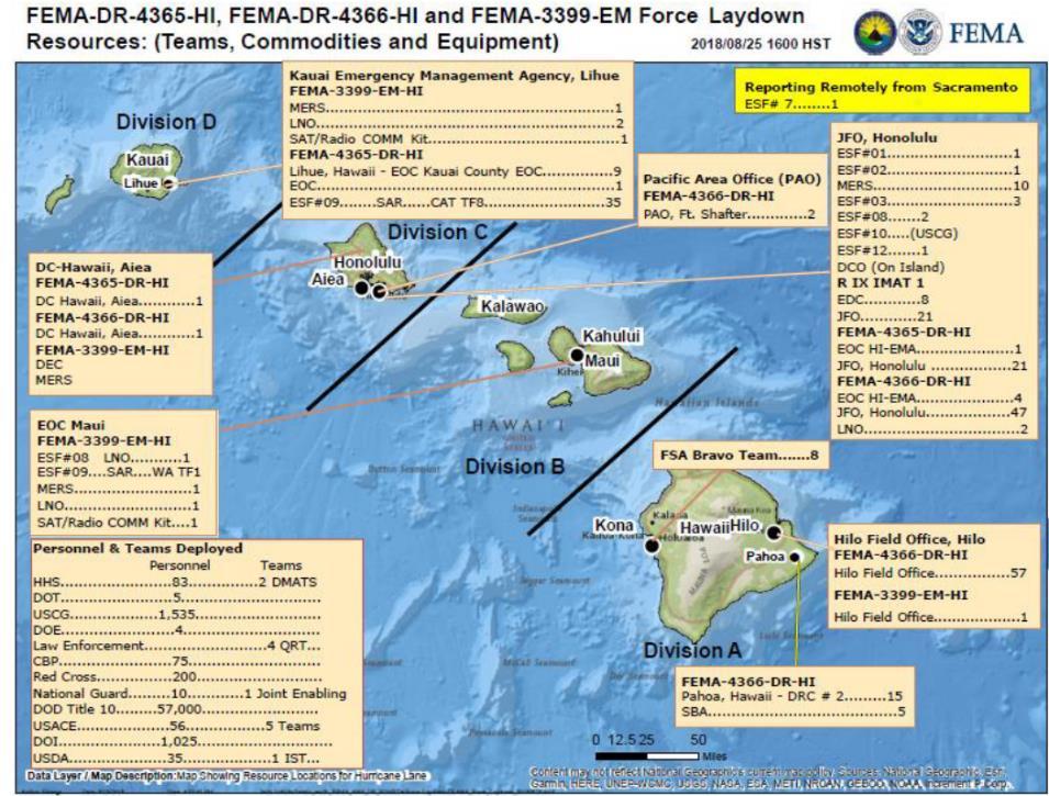 Tropical Storm Lane Local Impacts / Response Federal Response FEMA Region IX RWC at Enhanced Watch (24/7) IMAT-1 deployed to HI (Kilauea lava flow & Hurricane Lane) LNOs deployed to all county EOCs