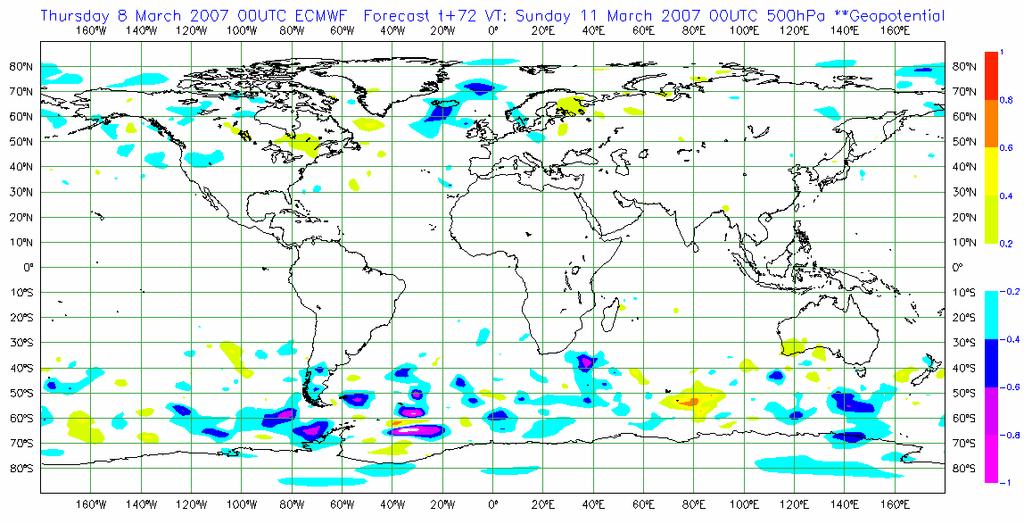 Map of RMS Forecast Error Differences 3-Day 500 hpa Geopotential