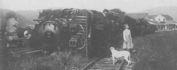 Figure 1: San Francisco bound train which overturned at Point Reyes Station during the 196 San Francisco earthquake [3].