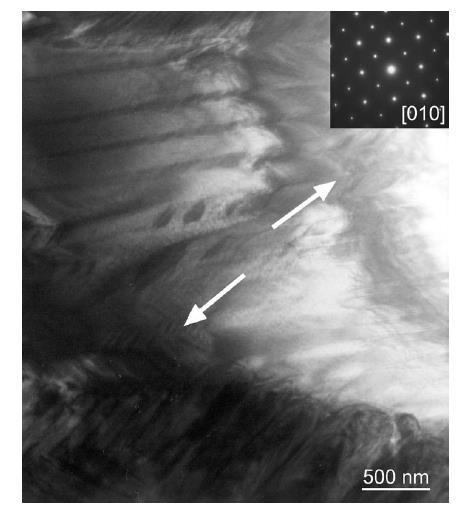 7 Bright field TEM image of PZT at MPB with the Zr/Ti ratio of 52/48 (left) and 53/47 (right) showing the appearance of fine nanodomains marked