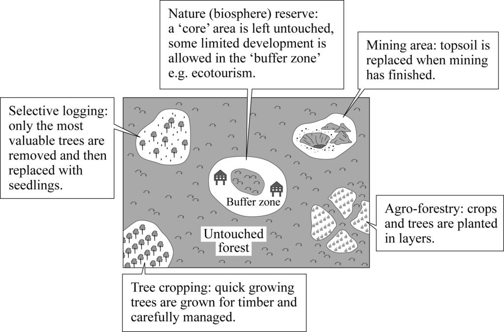 22 5 (e) Study Figure 15, methods of reducing damage to the tropical rainforest environment.