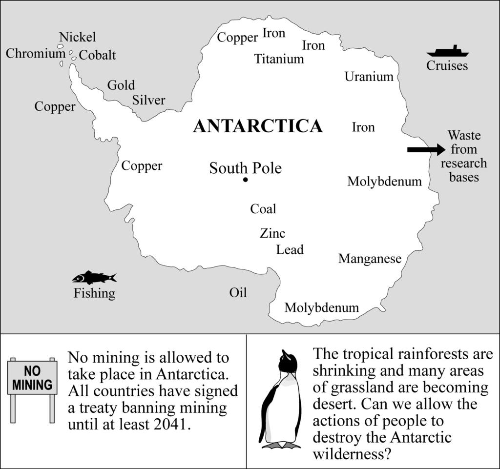 25 6 (b) Study Figure 17, which shows mineral deposits and some activities in Antarctica. Figure 17 Antarctica must be protected against development.