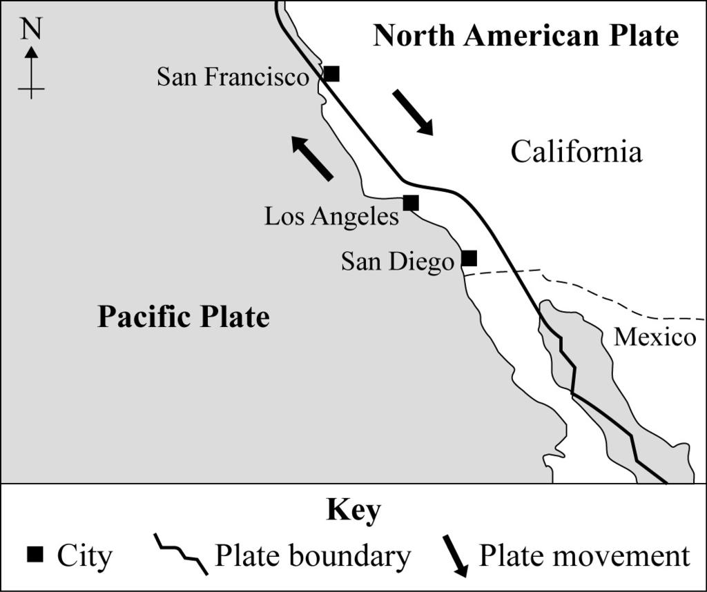 3 1 (b) Study Figure 2, a map of plate boundaries in North America.