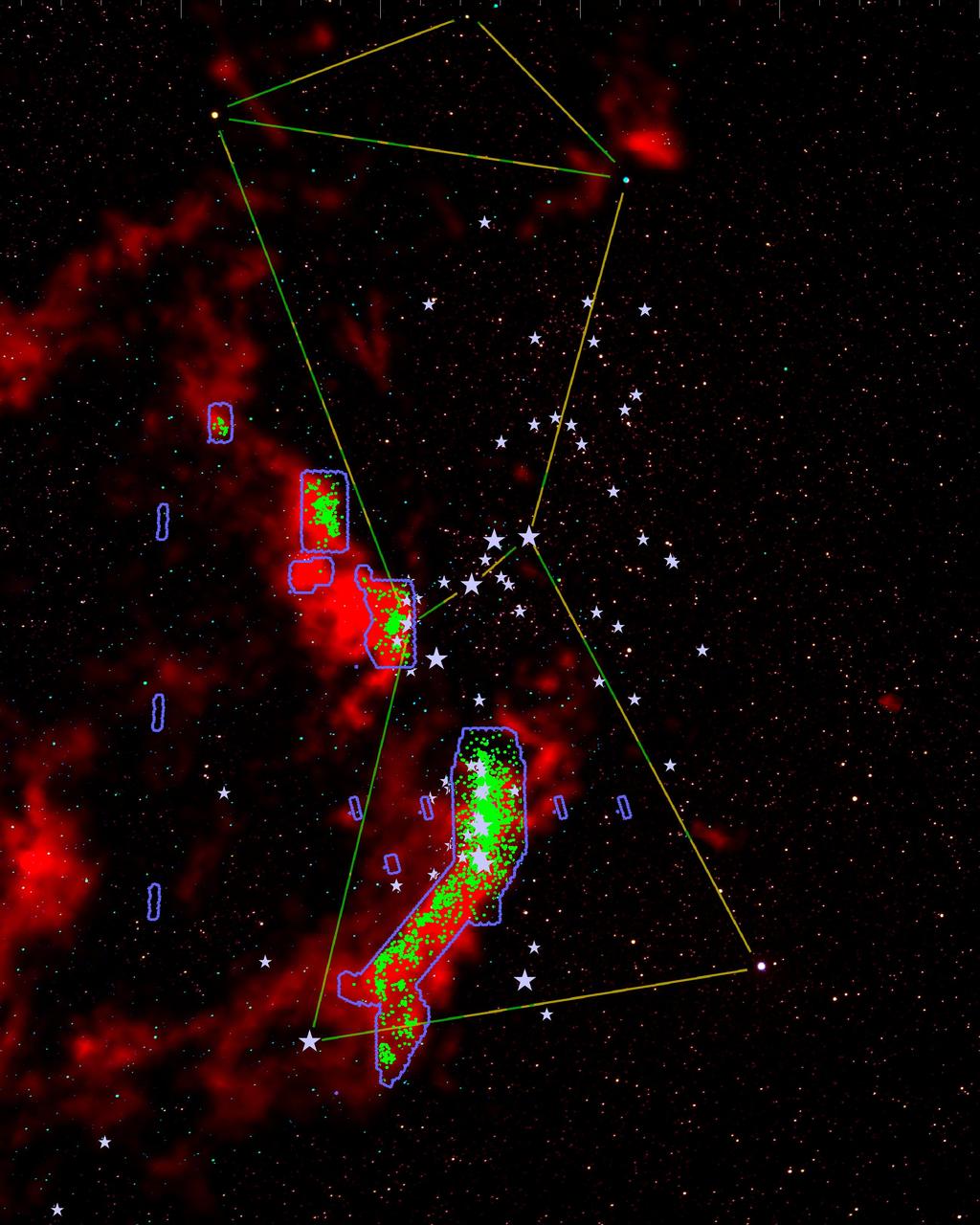 Red: CO from Mini survey Orion B Philamentary Structure and Velocity Gradients in the Orion A Cloud Spitzer Orion Cloud Survey: 10 sq.