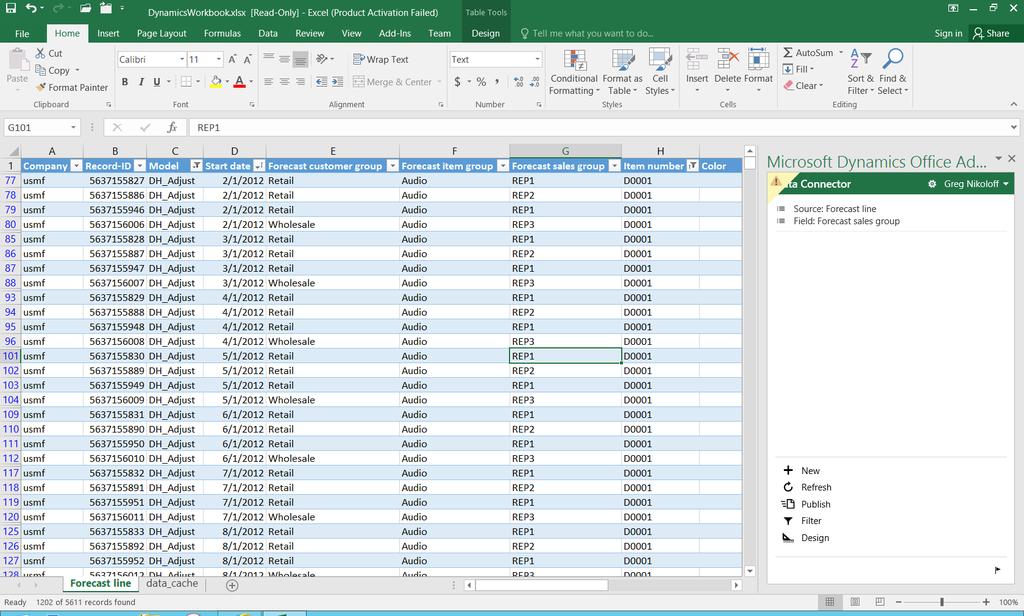 Just select all the available fields, create a workbook and the contents of the ForecastTableFSL & ForecastLineFSL tables are merged and exported to Excel.