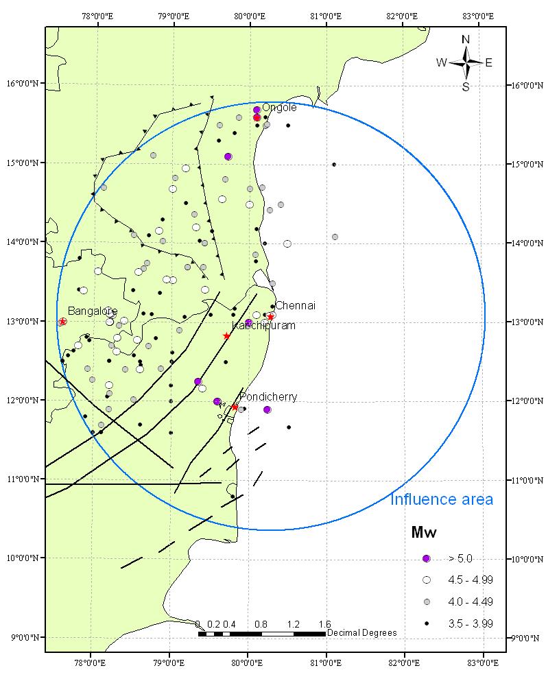 Figure 2: Geological and seismotectonic setting around Chennai The earthquake data was compiled from various sources and well documented in Ragunathan (2011) for Chennai region.