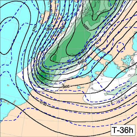 Right panel show sealevel pressure (hpa, solid) and temperature (oc, blue) at 850 hpa. 3.