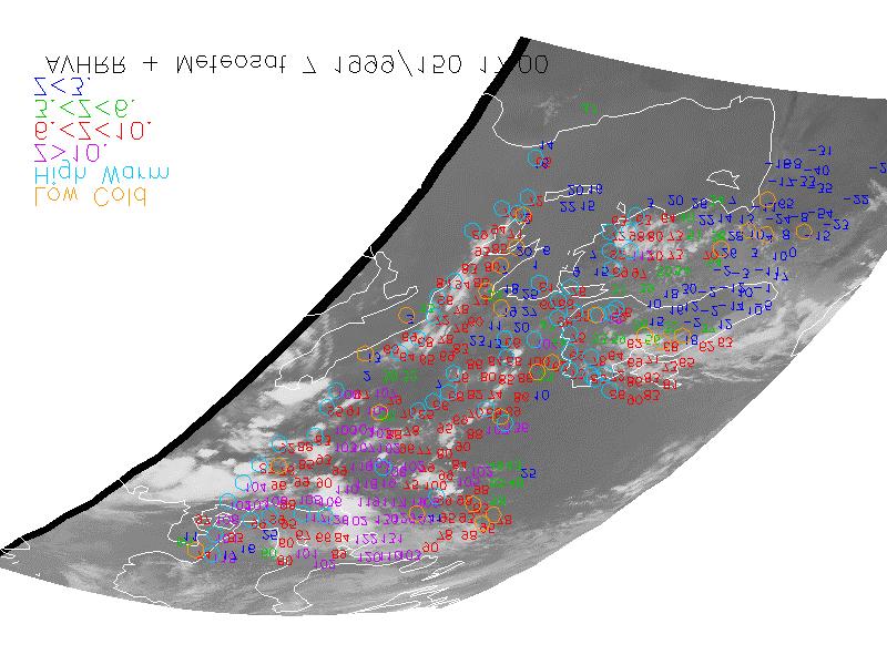 Figure 5. Asynchronous Stereo heights in hectometers (10=1km) from Meteosat 7 at 17:00 and 17:30 and AVHRR between those times for day 150 of 1999.
